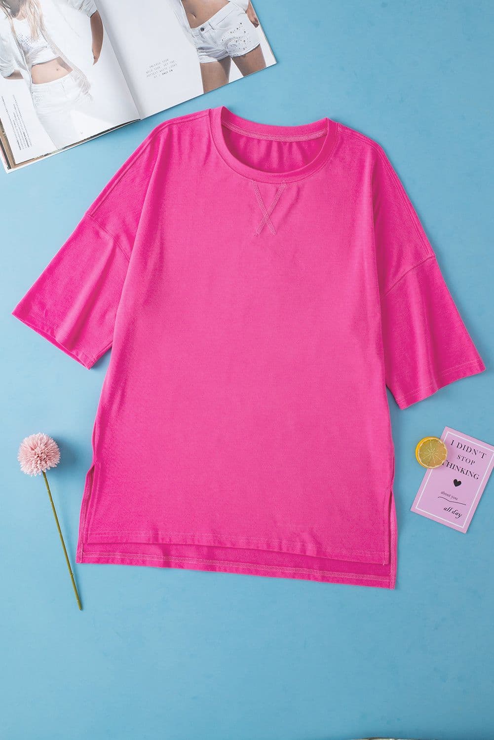image-Dark Blue Longline Top - Short Sleeve Side Slit