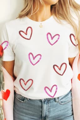 image-Women's White Sequin Heart Graphic Casual Tee - High Stretch
