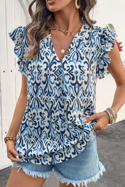 image-Sky Blue Boho Abstract Print Pintuck Detail Ruffled Top