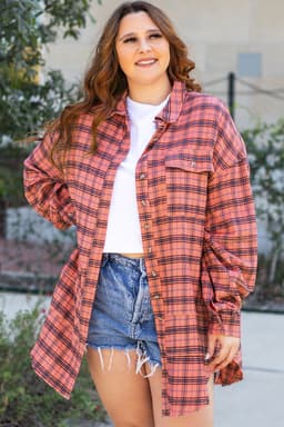 image-Plaid Long Sleeve Distressed Hem Shirt - Side Split - Sizes S-3XL