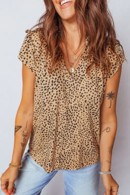 image-Apricot Cheeath Print Frilled V Neck Shirred Detail Short Sleeve Blouse