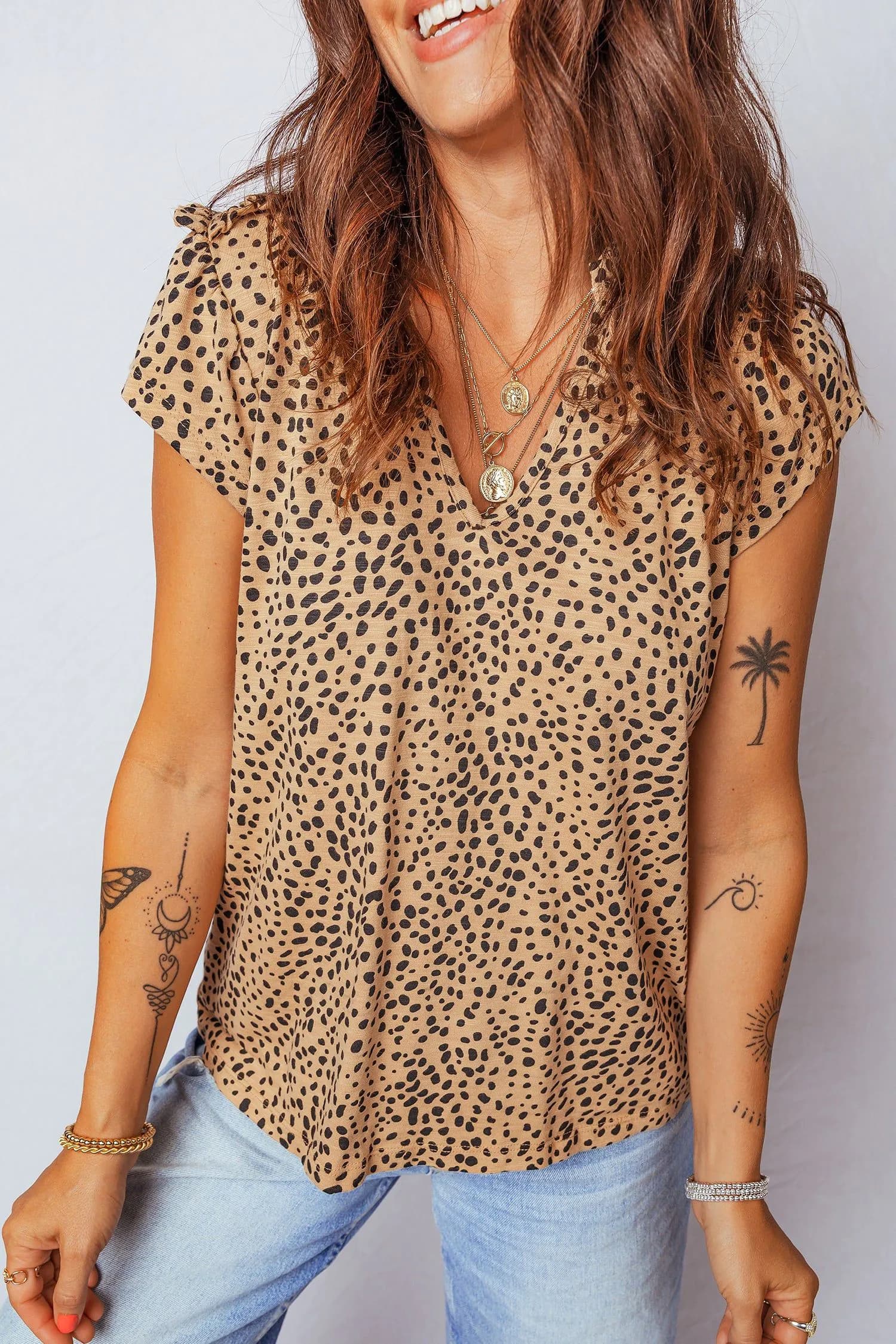 image-Apricot Cheeath Print Frilled V Neck Shirred Detail Short Sleeve Blouse