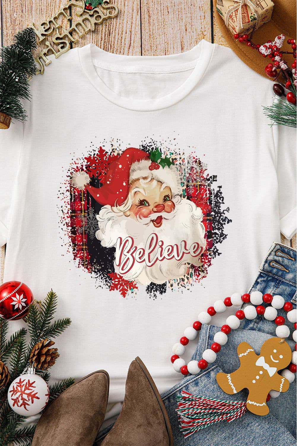 image-White Believe Christmas Father Graphic Crewneck T Shirt