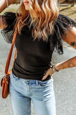 image-Dotty Mesh Ruffle Sleeve Ribbed Knit Top - Black