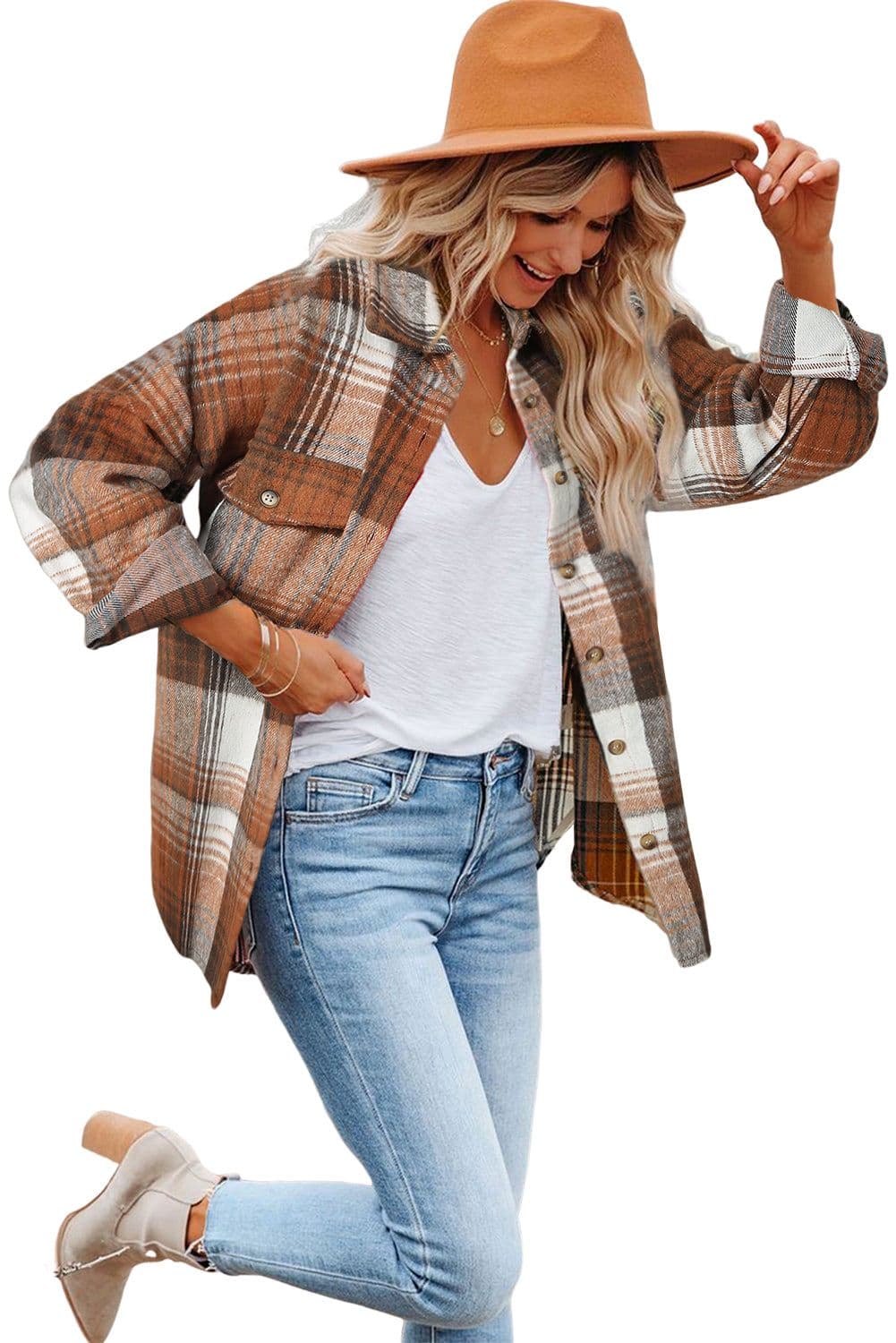 image-Shacket with Pink/Black Plaid Flap Pockets - Chic Style, Loose Fit (65 characters)