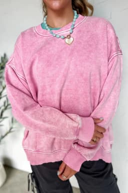 image-Bright Pink Mineral Wash Crossed Crew Neck Drop Shoulder Loose Sweatshirt