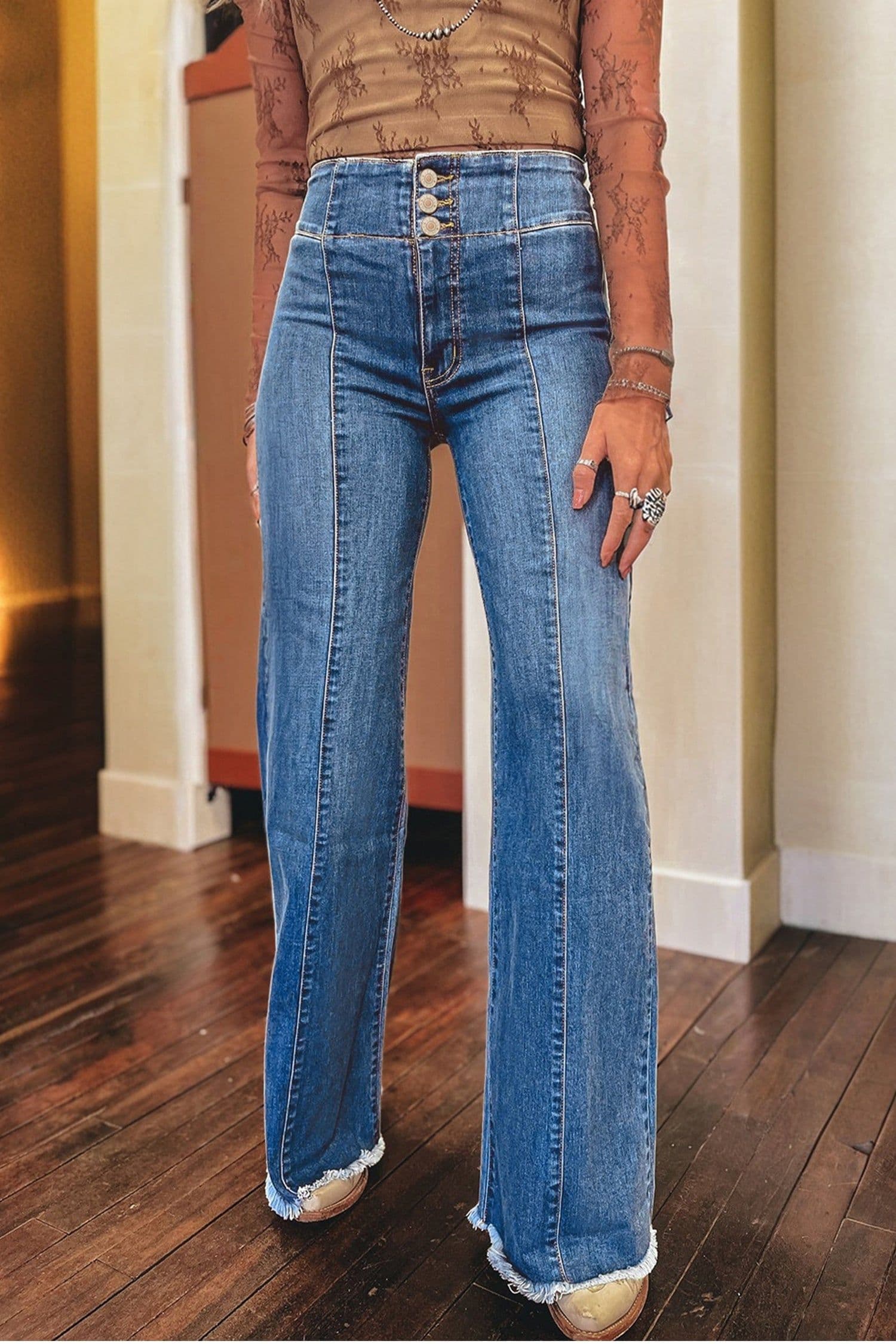 image-Coffee High Waist Flare Jeans - Button Fly Raw Hem