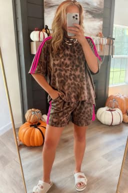 image-Brown Contrast Striped Accent Leopard Short Set