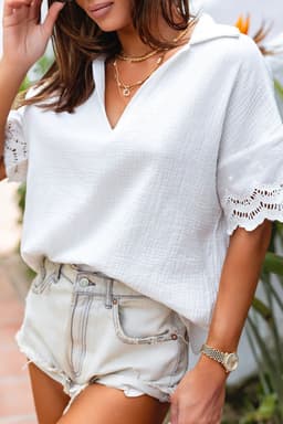 image-White Crinkled Lace Splicing V Neck Blouse