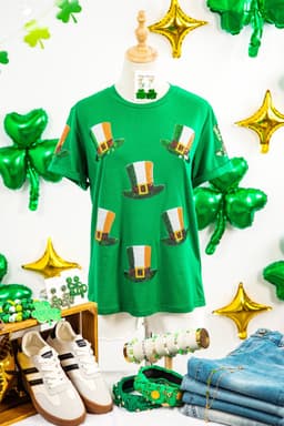 image-Bright Green Sequin St Patricks Day Hat Relaxed T Shirt