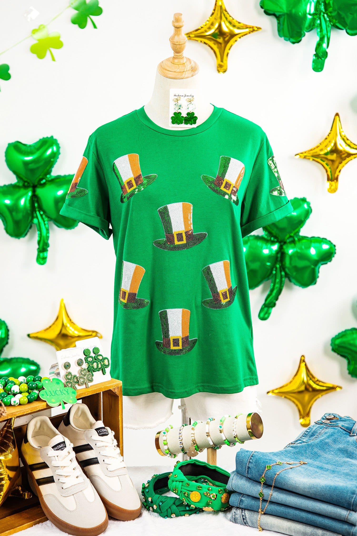 image-Bright Green Sequin St Patricks Day Hat Relaxed T Shirt