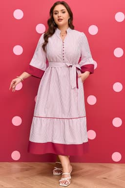 image-Red Stripe Plus Size Ruffled Hem Midi Dress