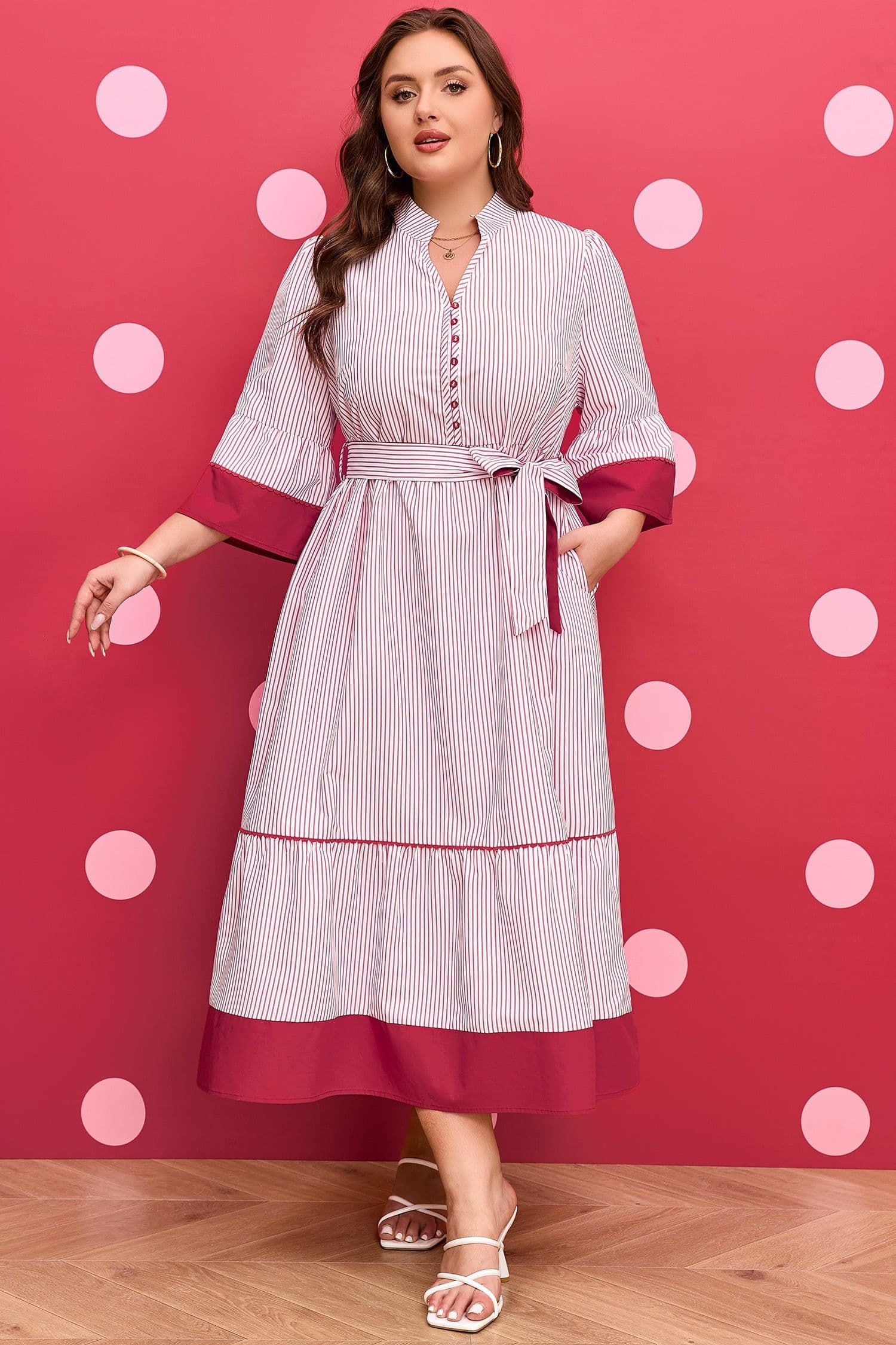image-Red Stripe Plus Size Ruffled Hem Midi Dress