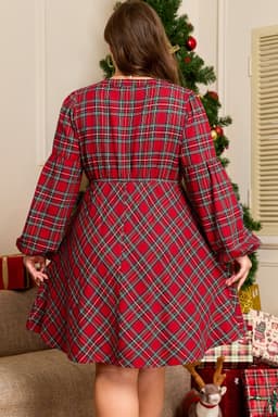 image-Red Plus Size Plaid Half Button Long Sleeve Dress