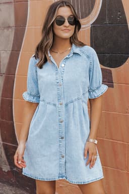 image-Beau Blue Mineral Wash Ruffled Denim Dress