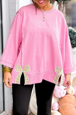 image-Fiery Red Floral Bow Patched Baggy Sweatshirt