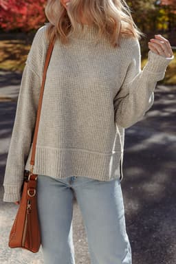 image-Gray Morn Waffle Knit High Neck Sweater - Drop Shoulder