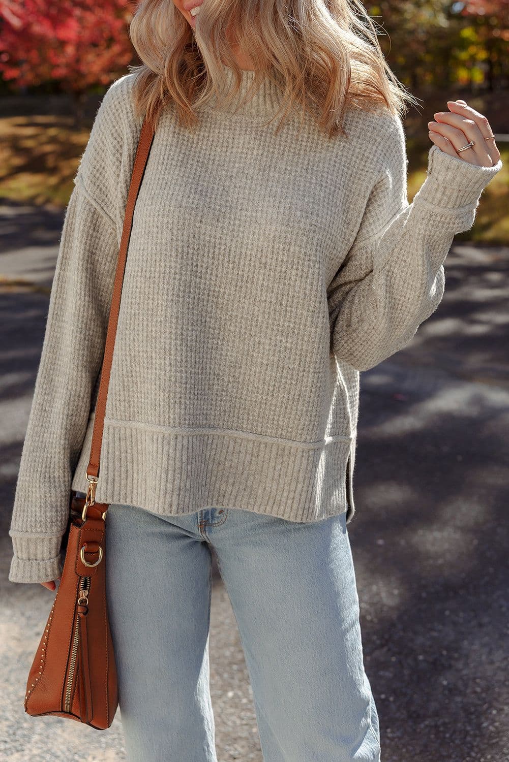 image-Gray Morn Waffle Knit High Neck Sweater - Drop Shoulder