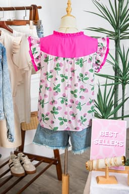 image-Pink Striped Strawberry Blouse - V Neck Flutter Sleeve