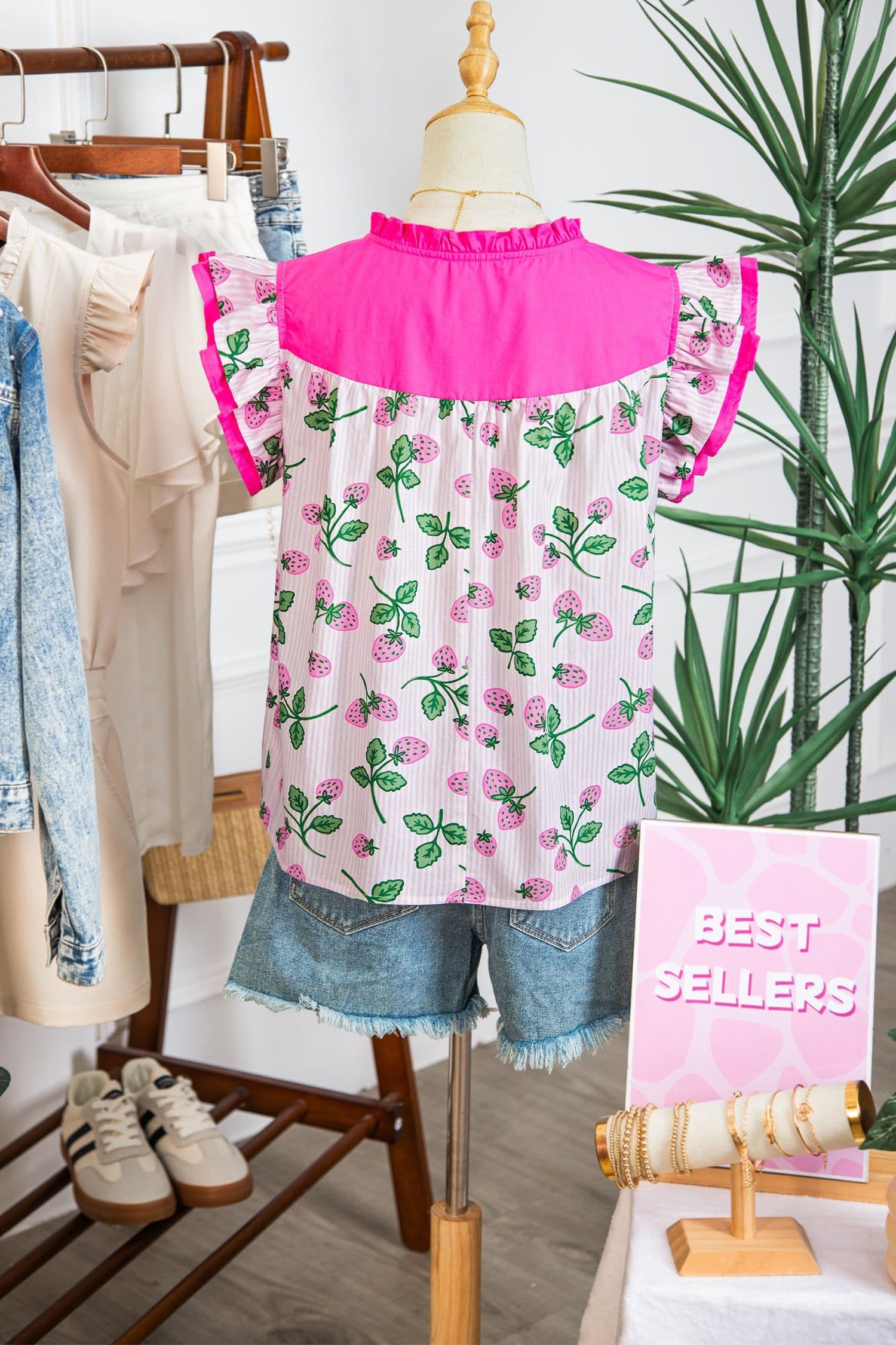 image-Pink Striped Strawberry Blouse - V Neck Flutter Sleeve