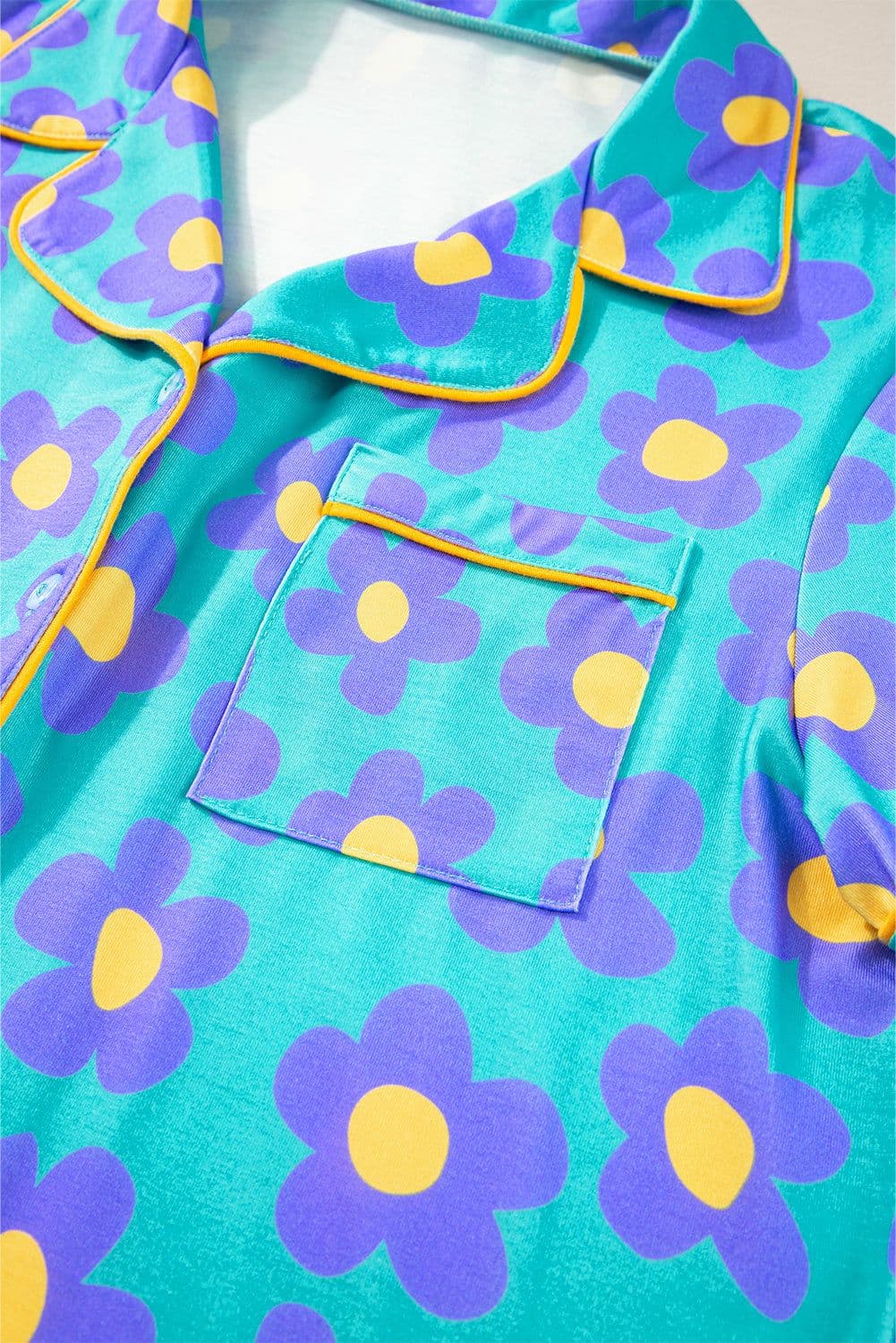image-Green Flower Print Short Sleeve Pajamas Set