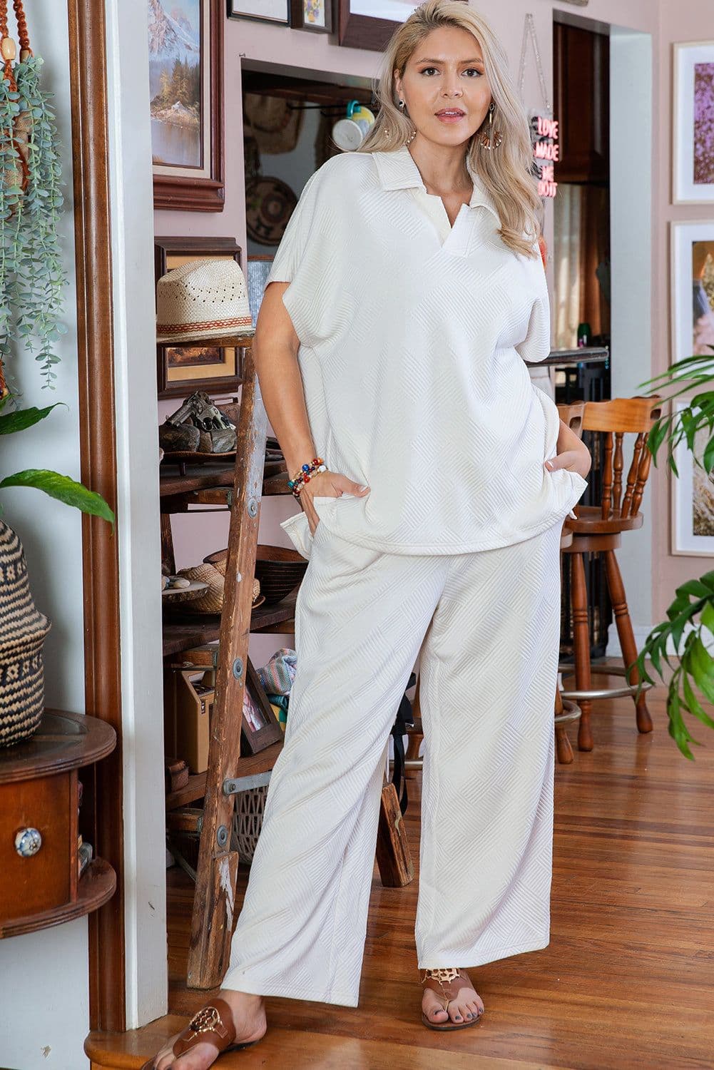 image-Beige Plus Size Textured Collared Top and Pants Set