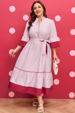 image-Red Stripe Plus Size Ruffled Hem Midi Dress