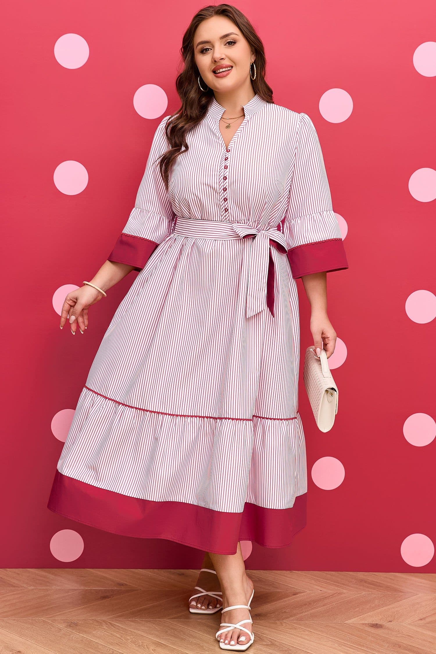 image-Red Stripe Plus Size Ruffled Hem Midi Dress