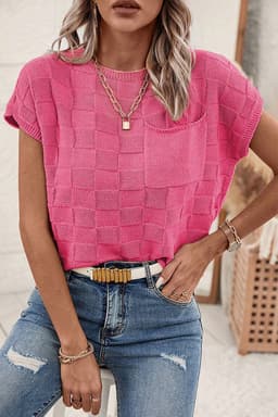 image-Pink Lattice Textured Knit Short Sleeve Sweater - Sizes S-3XL