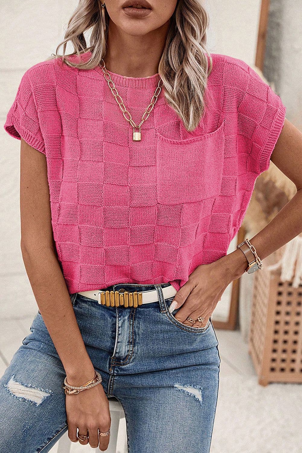 image-Pink Lattice Textured Knit Short Sleeve Sweater - Sizes S-3XL