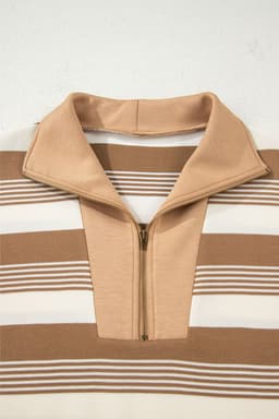 image-Khaki Stripe Zip Collar Patchwork Vintage Sweatshirt