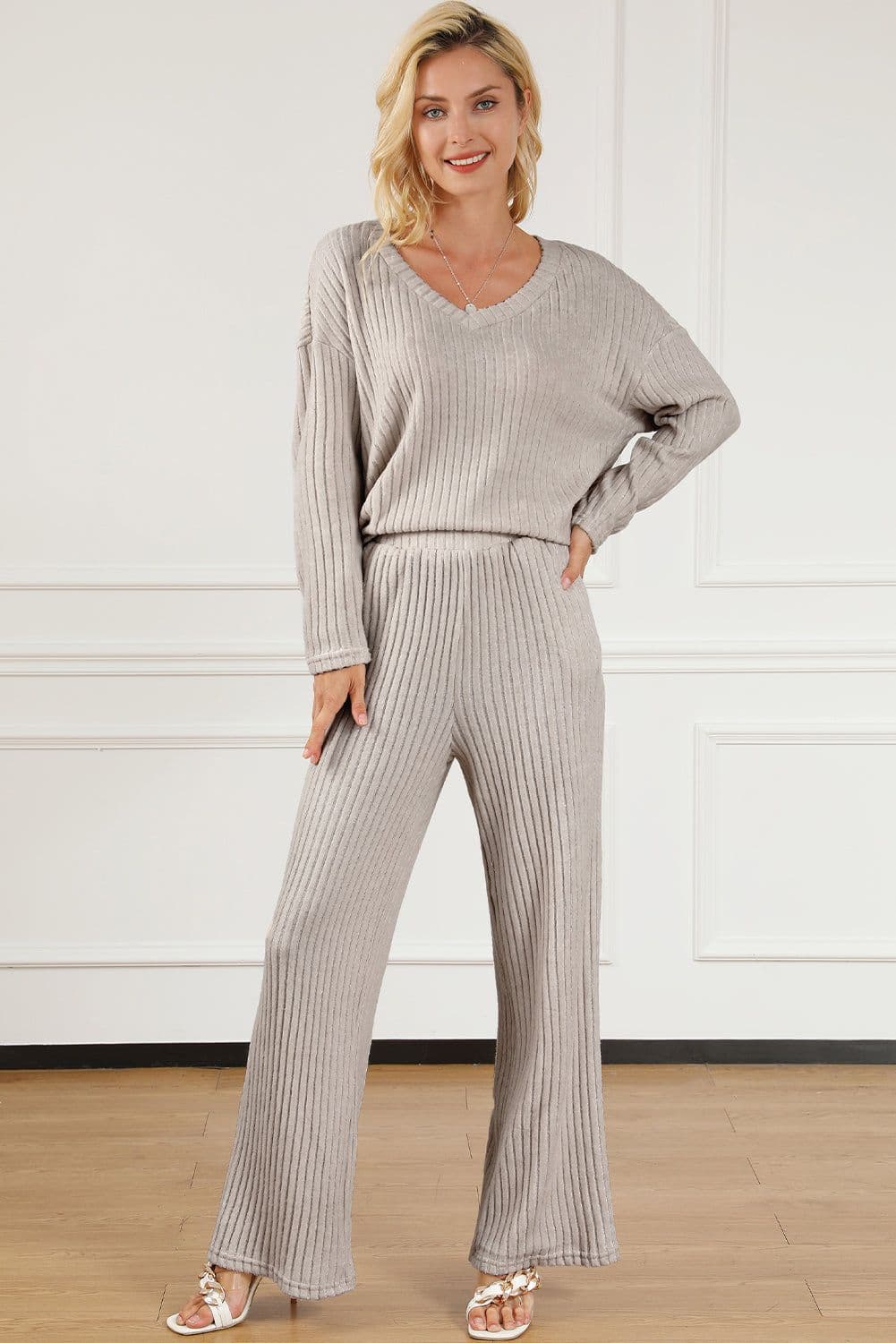 image-Ribbed Knit V Neck Slouchy Two-Piece Outfit - Khaki Modern Chic