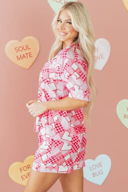 image-Pink Heart Print Silky Pajama Set Short
