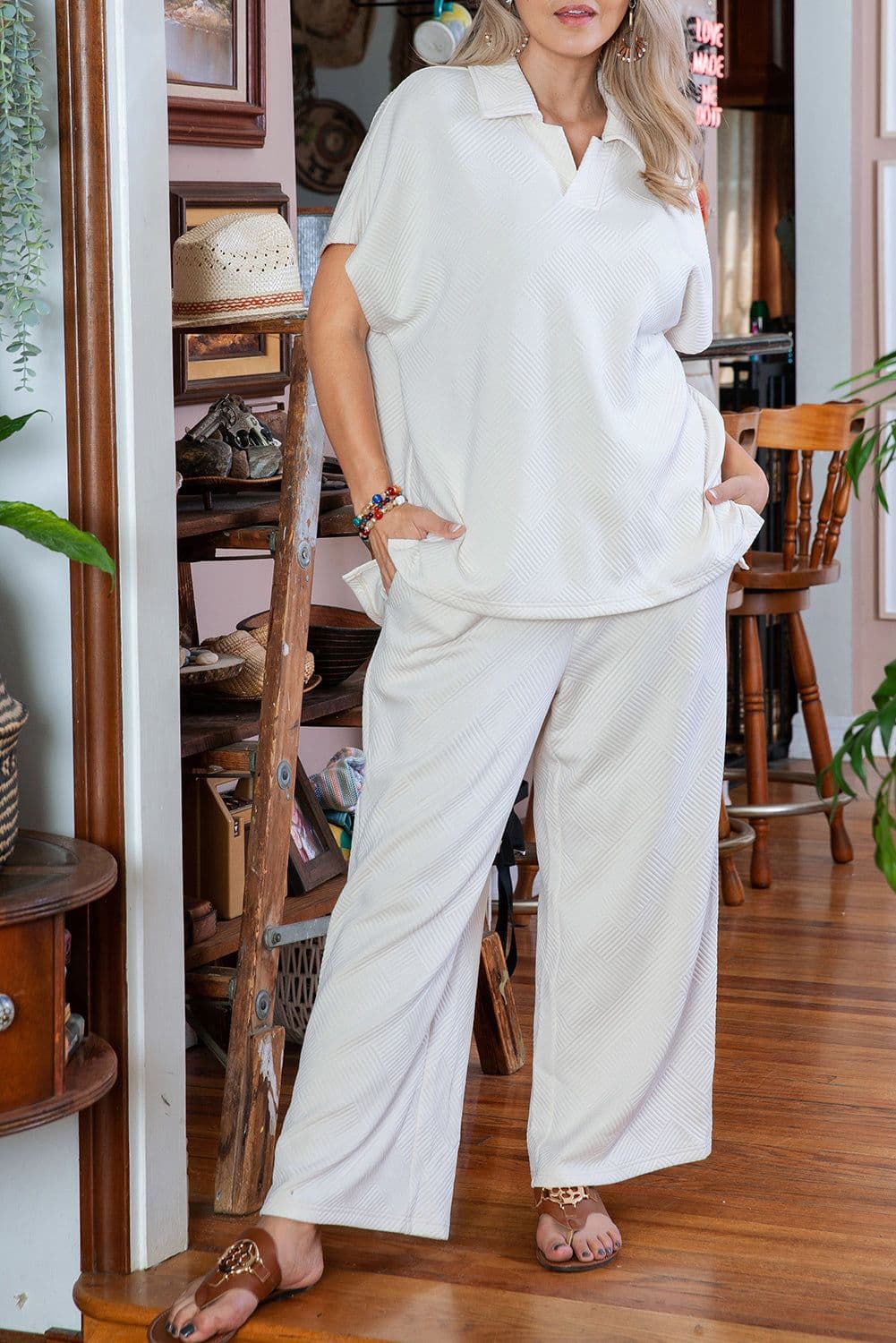 image-Beige Plus Size Textured Collared Top and Pants Set