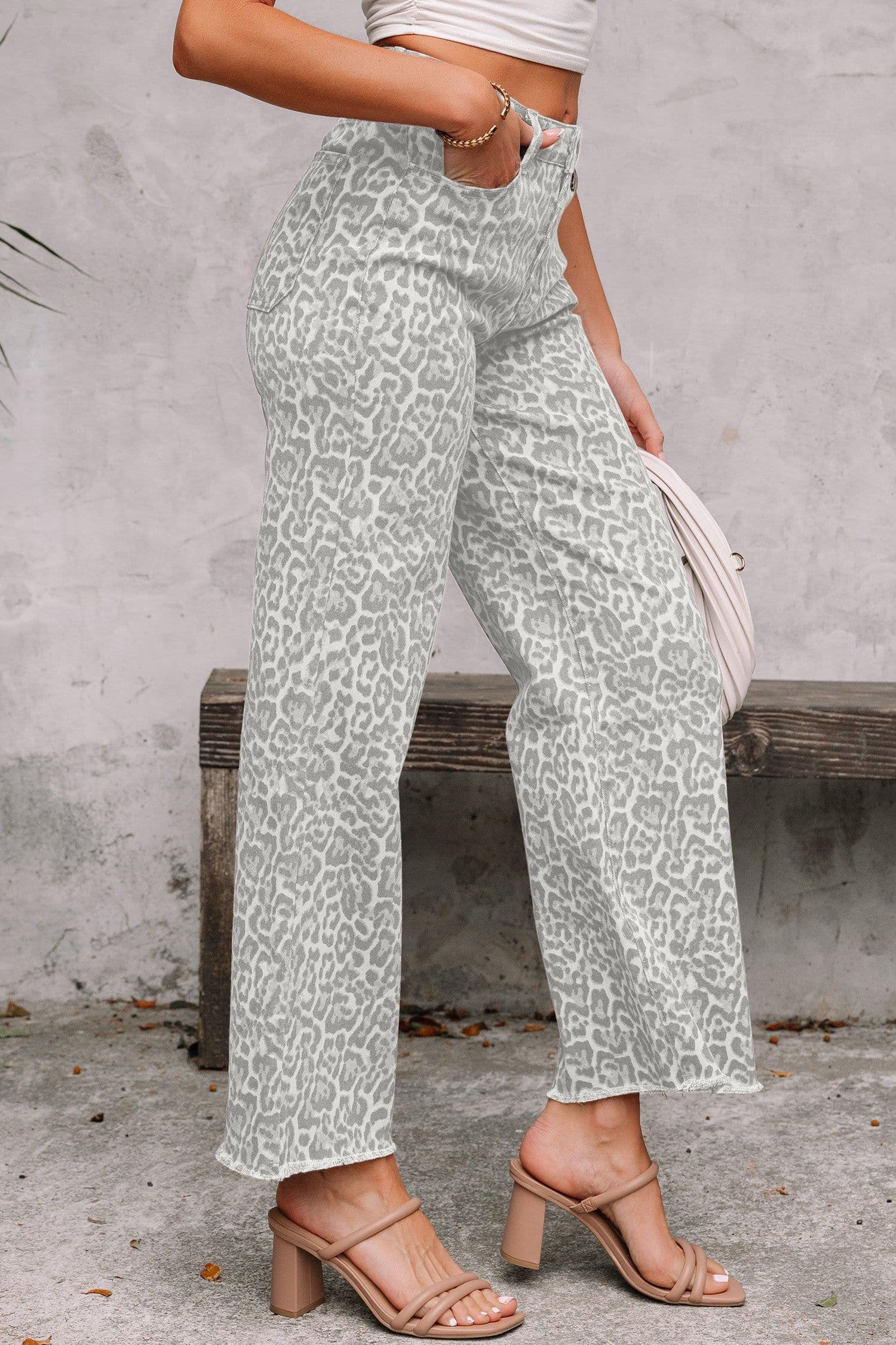 image-Sky Blue Leopard Frayed Wide Leg Jeans