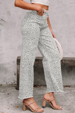 image-Sky Blue Leopard Frayed Edge Wide Leg High Waist Jeans