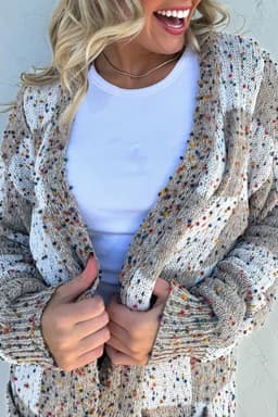 image-Brown Confetti Dot Checkered Cardigan Pockets
