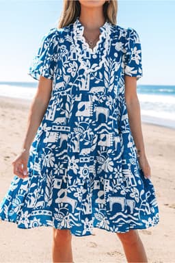 image-Blue Ricrac Trim Split Neck Floral Loose Dress
