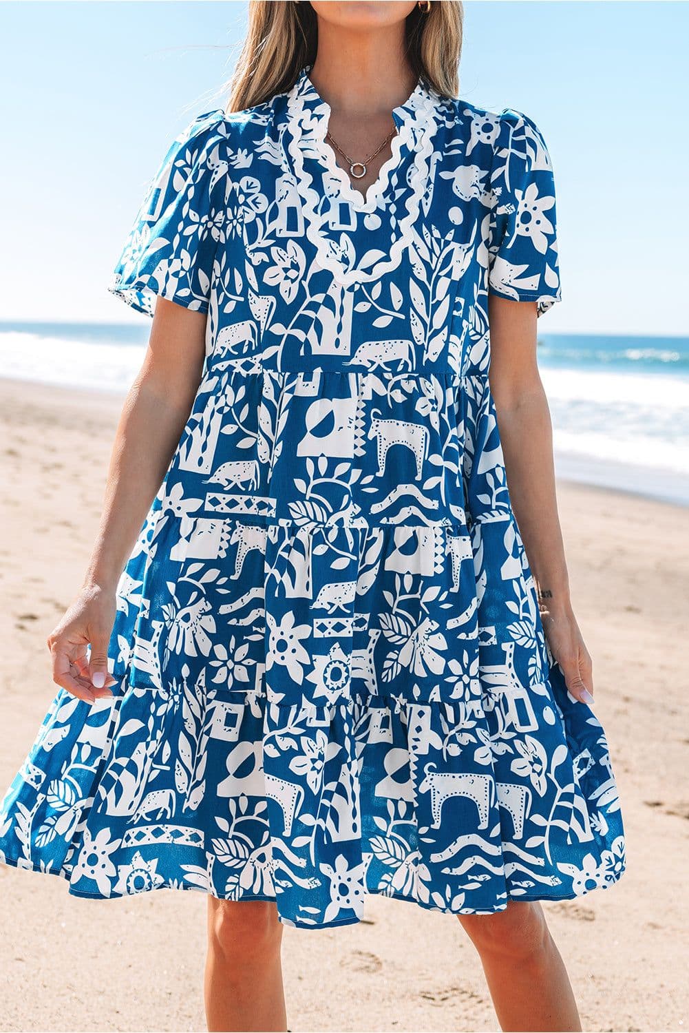 image-Blue Ricrac Trim Split Neck Floral Loose Dress