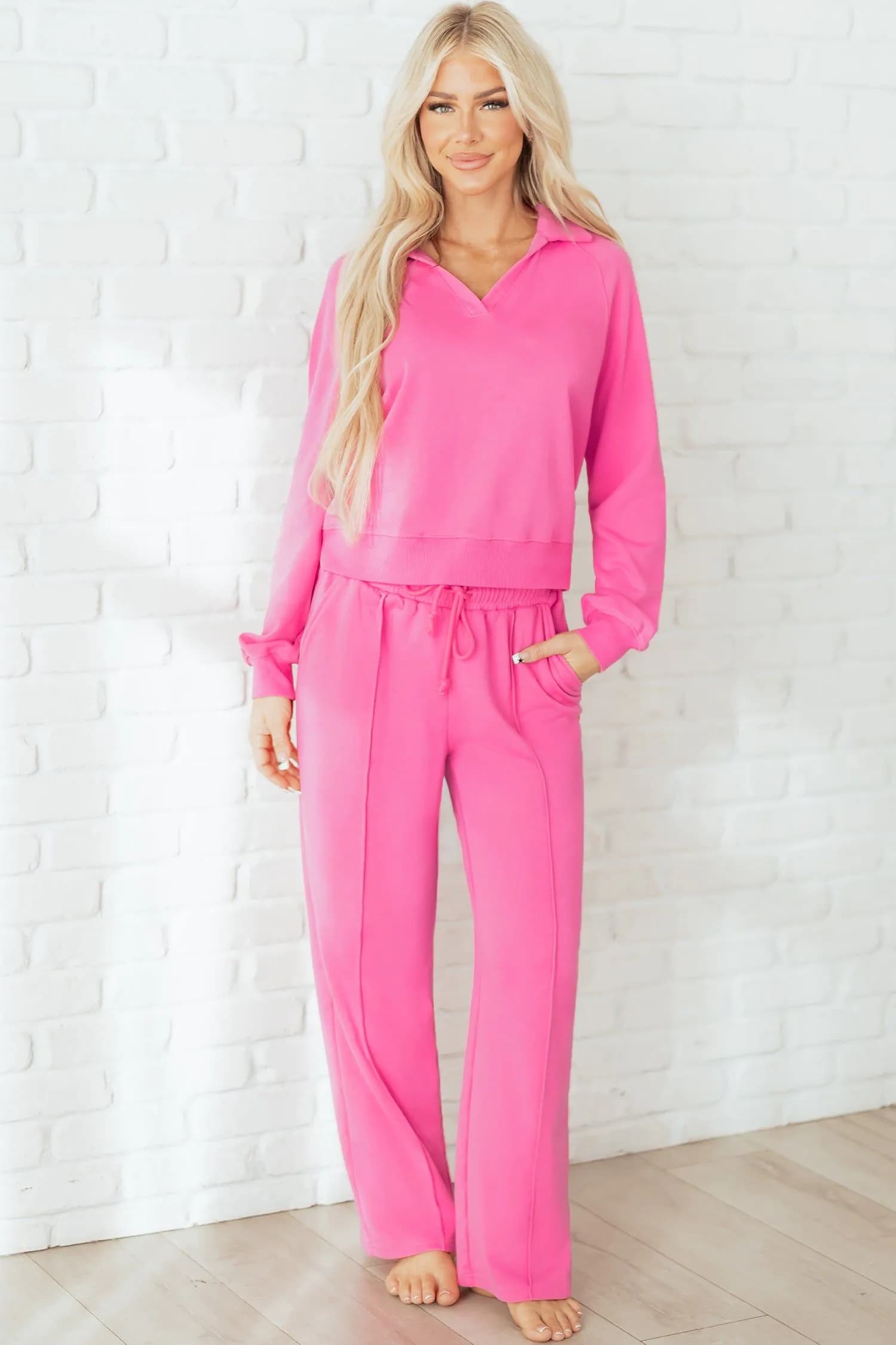 image-Wisteria Solid Color Collared Pullover and Central Seam Pants Set