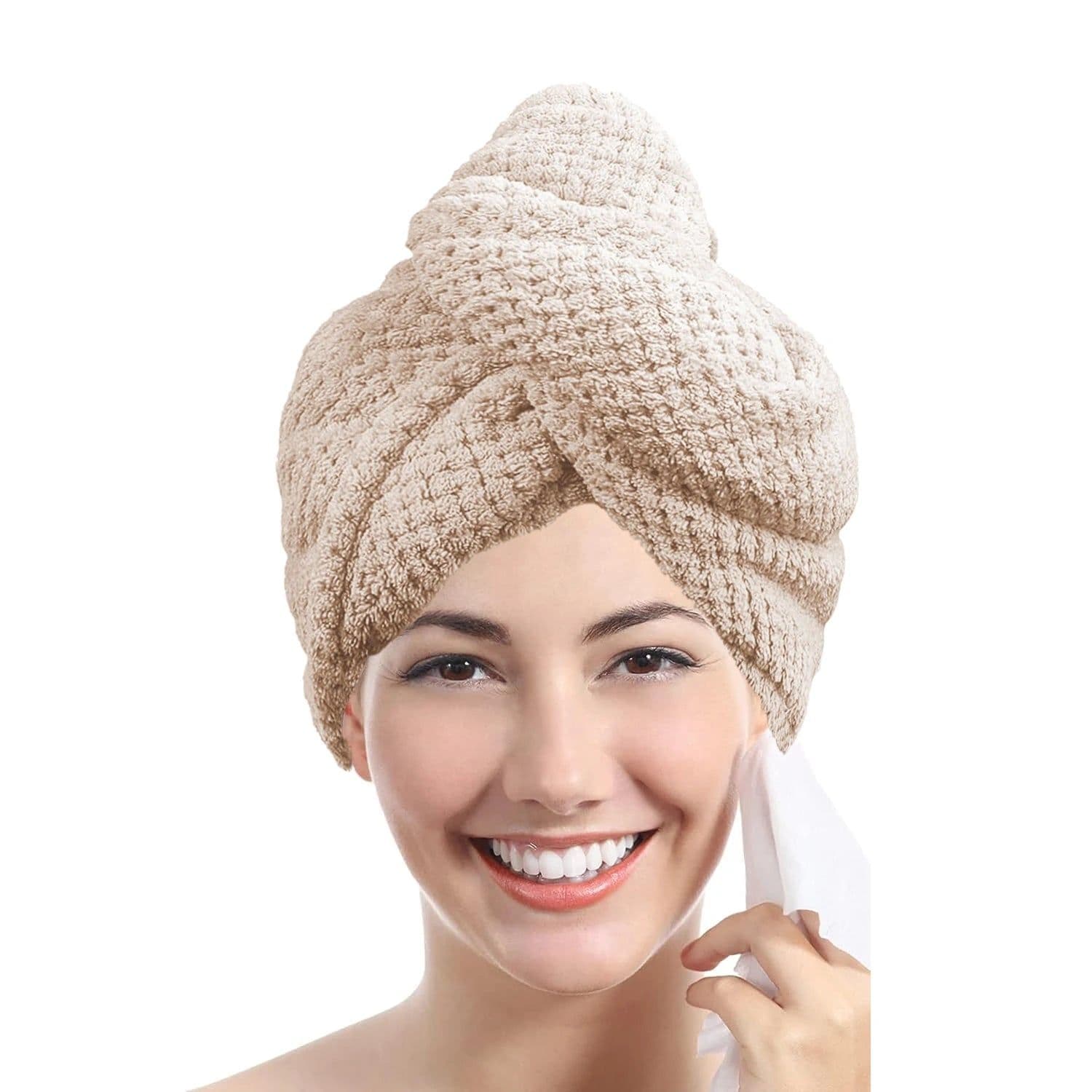 image-Solid color hair towel Textured dry hair cap 9.8 "X 25.5" absorbent hair towel wrap for button-down women