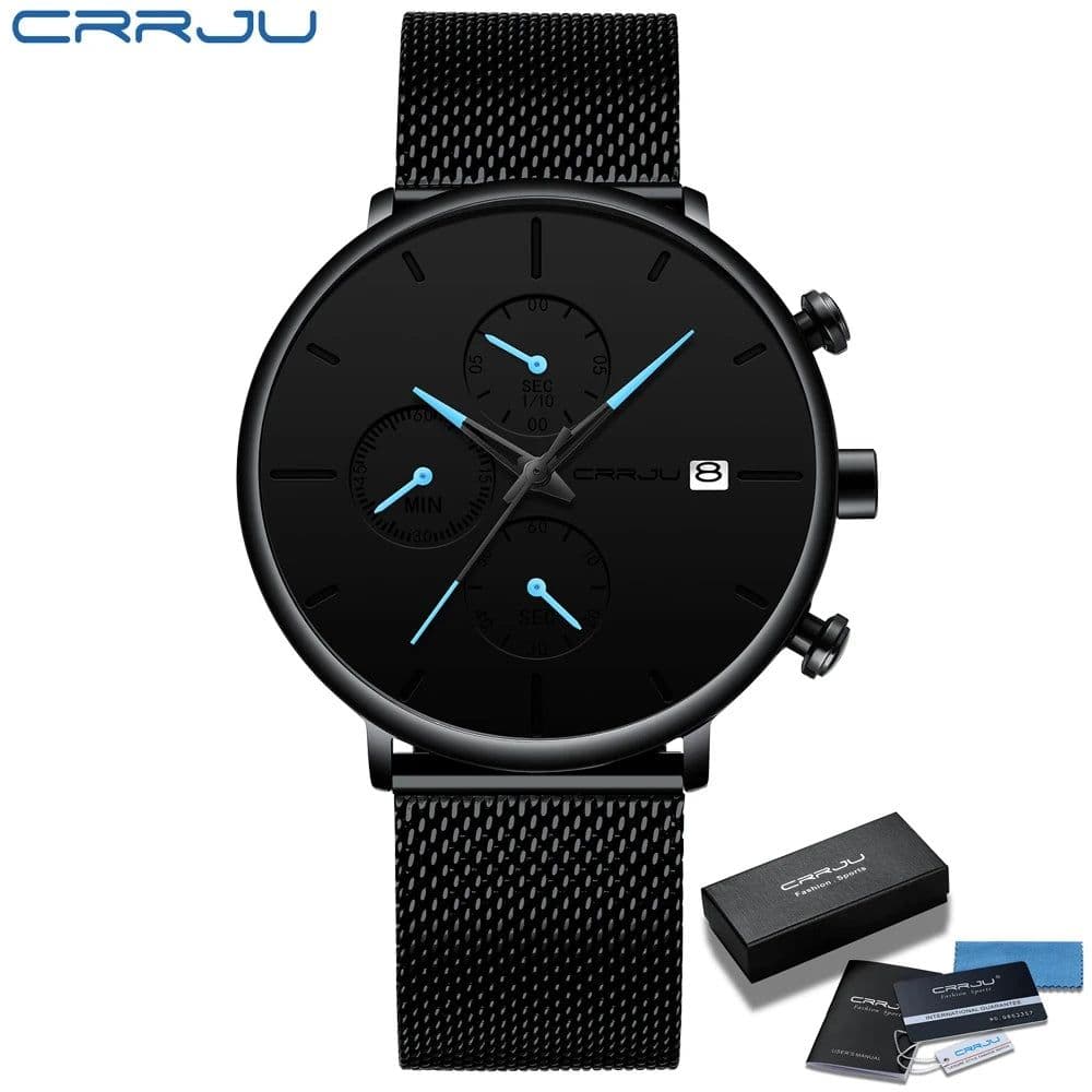 image-CRRJU Mens Watches Luxury Sport Wrist Watch Unique Design Stainless Steel Auto Date Mesh Strap Men Fashion Casual Quartz Watches