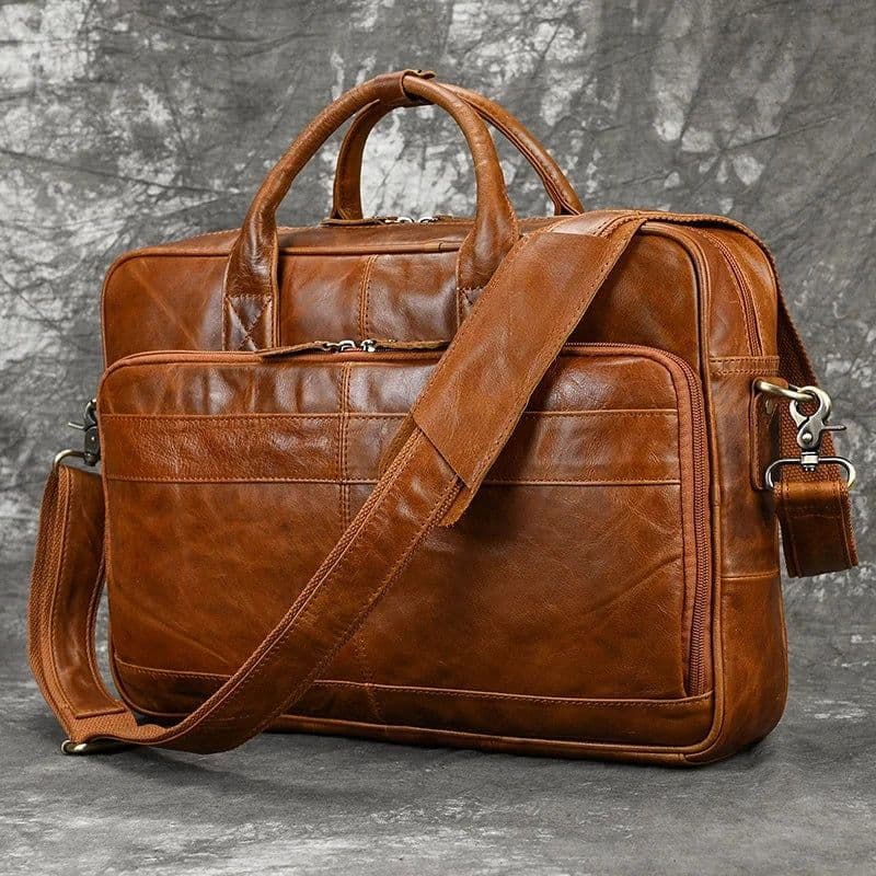image-Retro Laptop Briefcase Bag Genuine Leather Handbags Casual 15.6" Business Bag Daily Working Tote Bags Men Male bag for documents