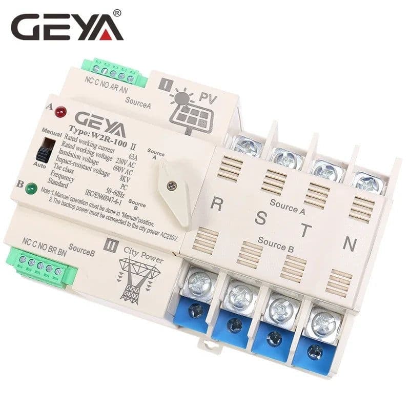 image-GEYA on-Grid Solar Power Automatic Transfer Switch Din Rail 2P 3P 4P 63A 100A AC220V ATS PV System Power to City Power W2R