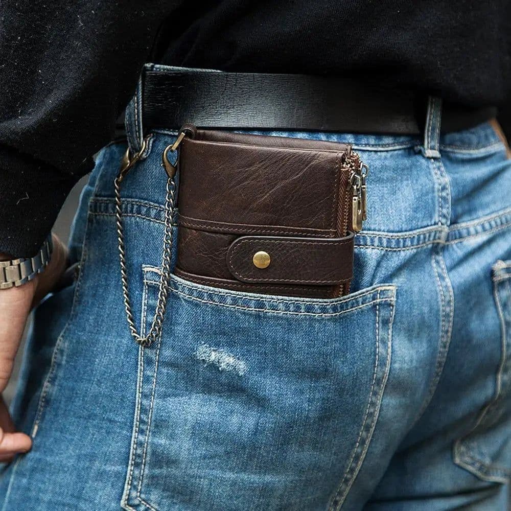 image-KAVIS 100% Genuine Leather Rfid Wallet Men Crazy Horse Wallets Coin Purse Short Male Money Bag Quality Designer Mini Walet Small