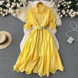 image-Light Luxury Minority Hollow Embroidered Dress Women's Summer 2022 New Tight Waist Slimming Puff Sleeve Shirt Midi Dress