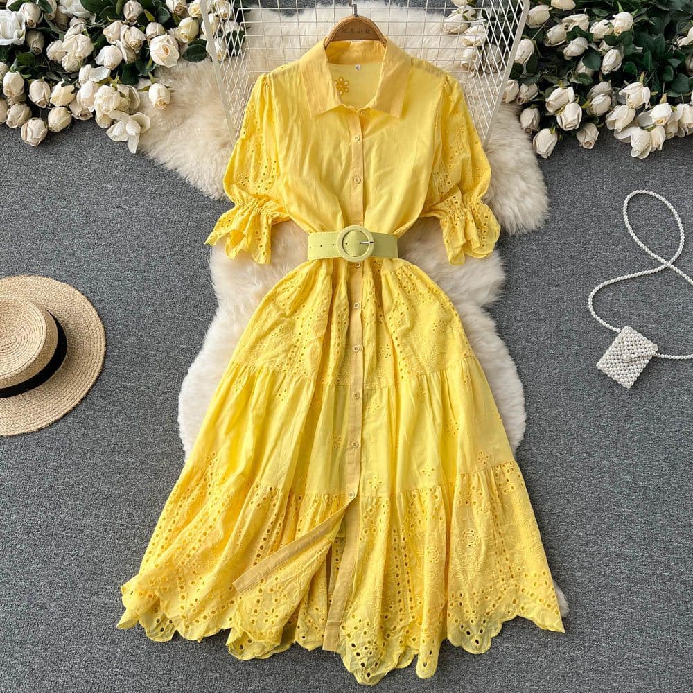 image-Light Luxury Minority Hollow Embroidered Dress Women's Summer 2022 New Tight Waist Slimming Puff Sleeve Shirt Midi Dress
