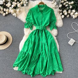 image-Light Luxury Minority Hollow Embroidered Dress Women's Summer 2022 New Tight Waist Slimming Puff Sleeve Shirt Midi Dress