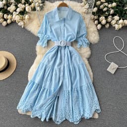 image-Light Luxury Minority Hollow Embroidered Dress Women's Summer 2022 New Tight Waist Slimming Puff Sleeve Shirt Midi Dress