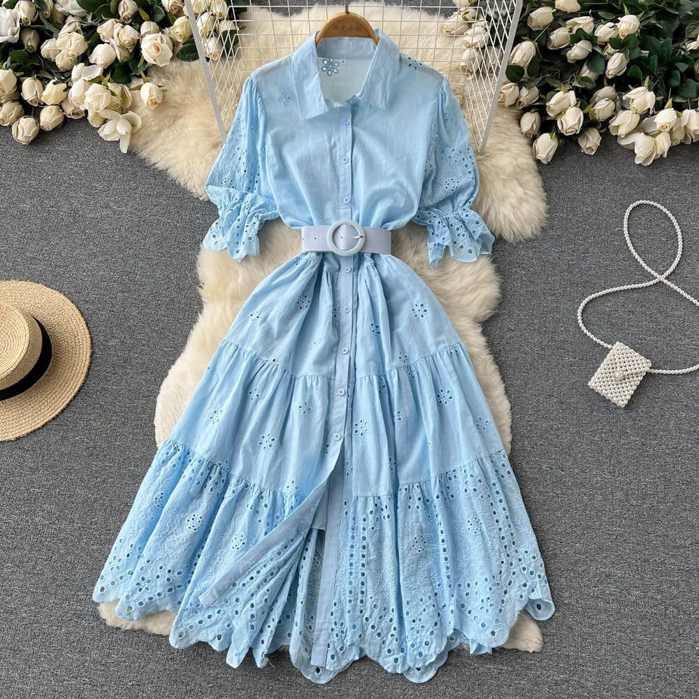 image-Light Luxury Minority Hollow Embroidered Dress Women's Summer 2022 New Tight Waist Slimming Puff Sleeve Shirt Midi Dress